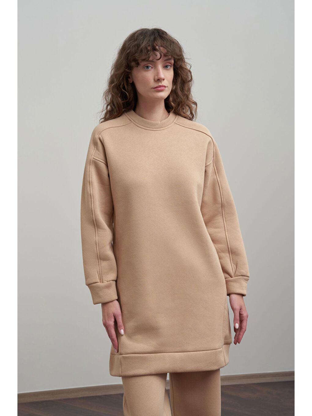 Bej Vizon-Pamuklu Uzun Kollu Sweatshirt