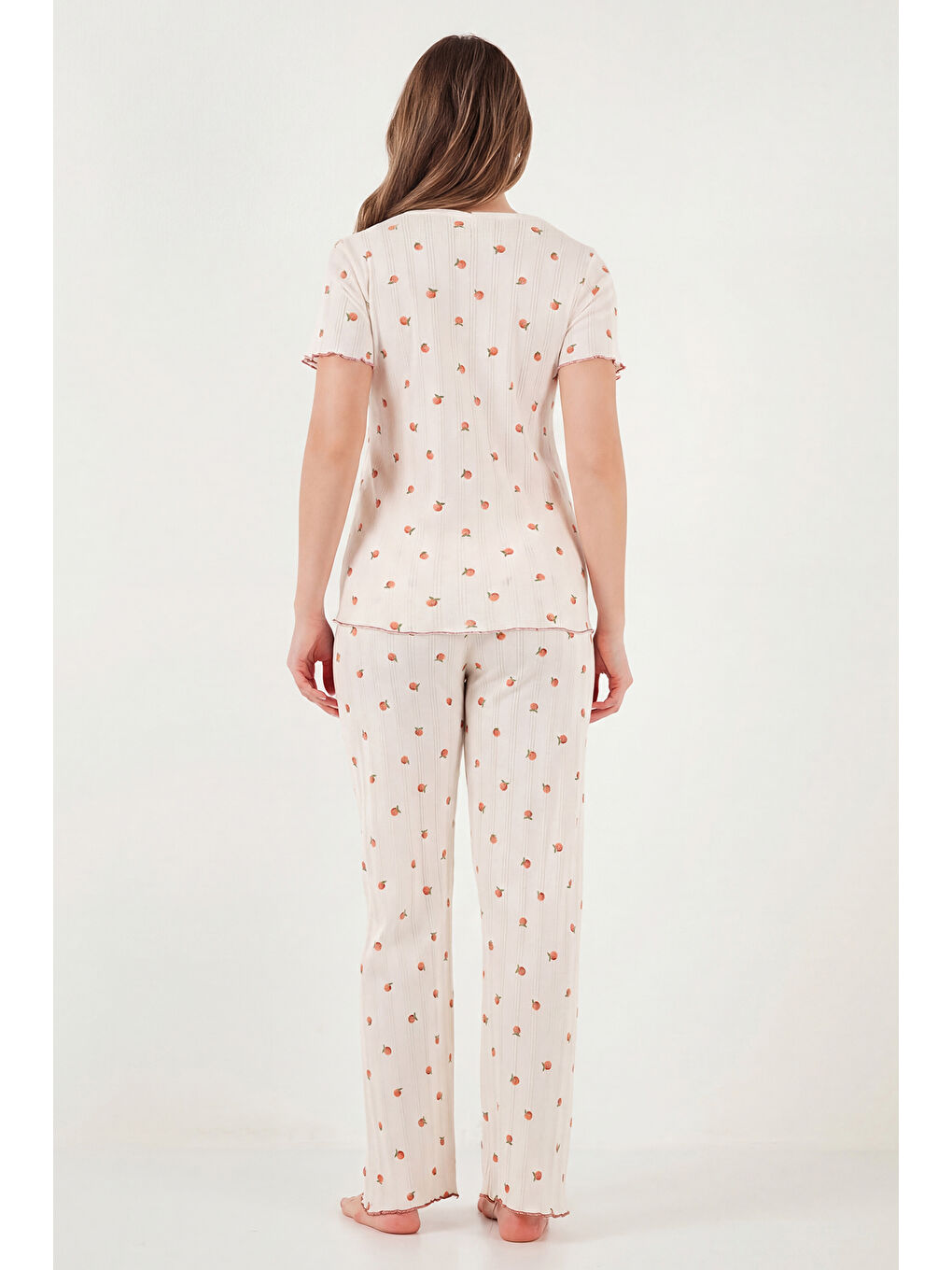 Ekru Pamuklu Regular Fit Bisiklet Yaka Kısa Kollu Desenli Rahat Pijama Takımı 65770753-6