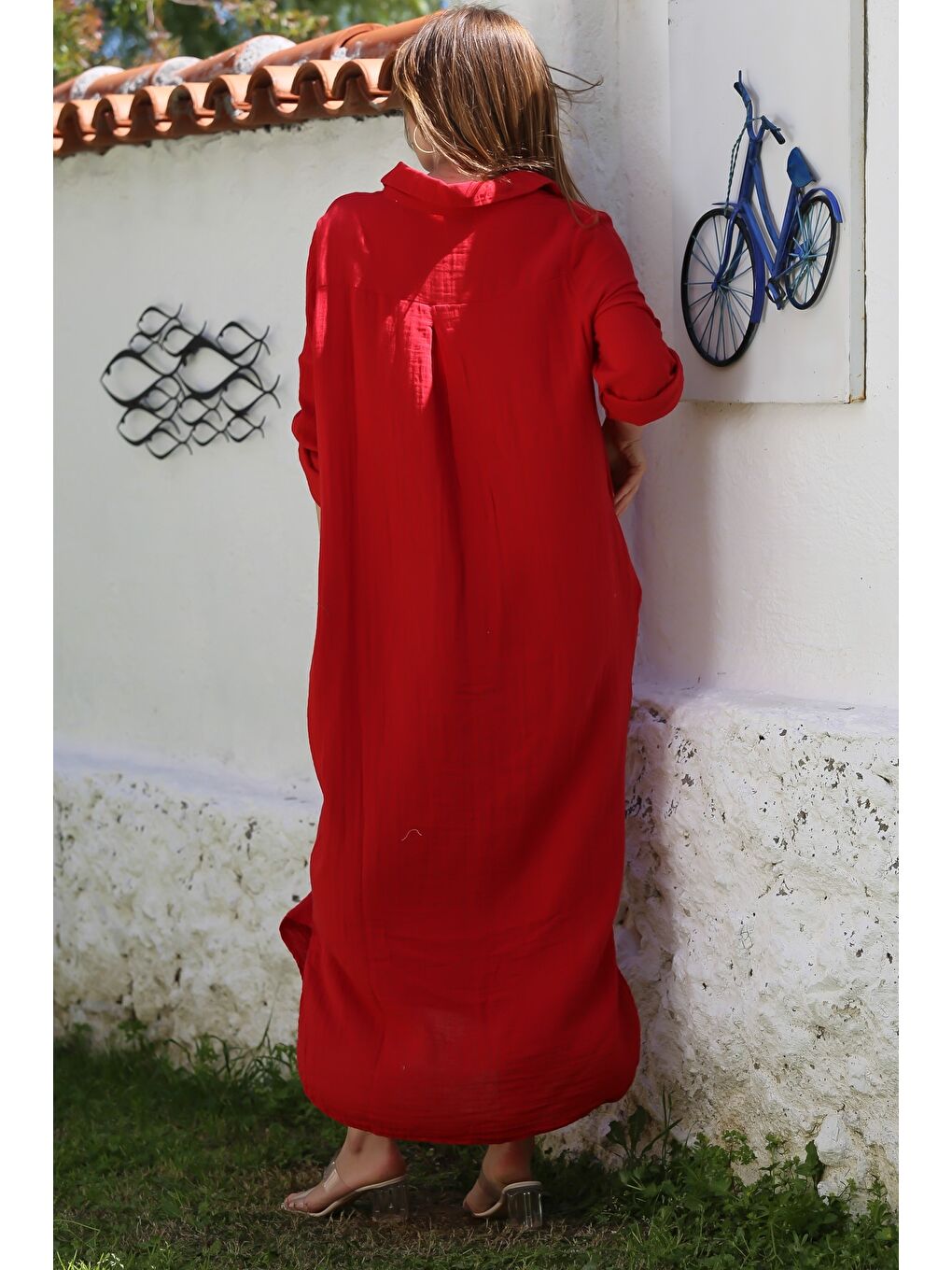 Kırmızı Gömlek Yaka Düğmeli Uzun Kollu Gizli Cepli Casual Müslin Uzun Oversize Dokuma Elbise 135 68-5