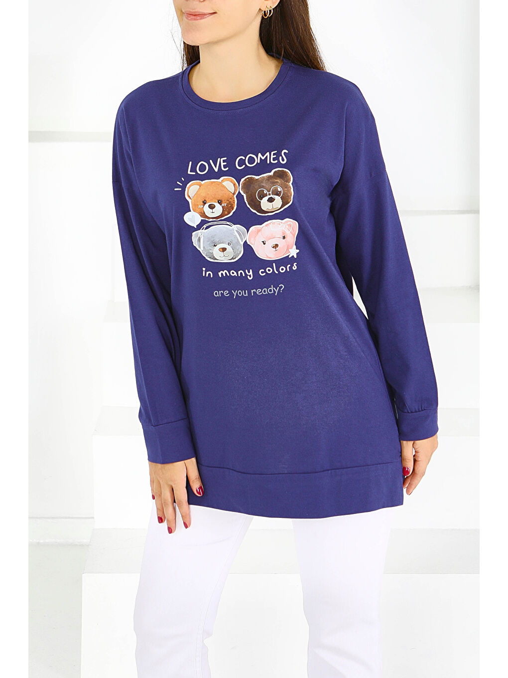 Uzun Kollu Baskılı Süprem Tunik Lacivert - 27590-1