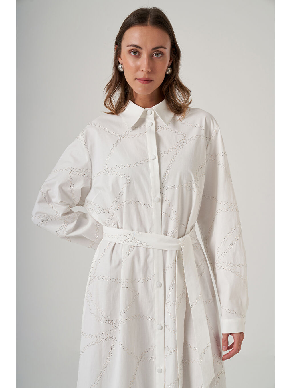 Önü Düğmeli Pul Detay Kuşaklı Elbise 2044 Ekru-1