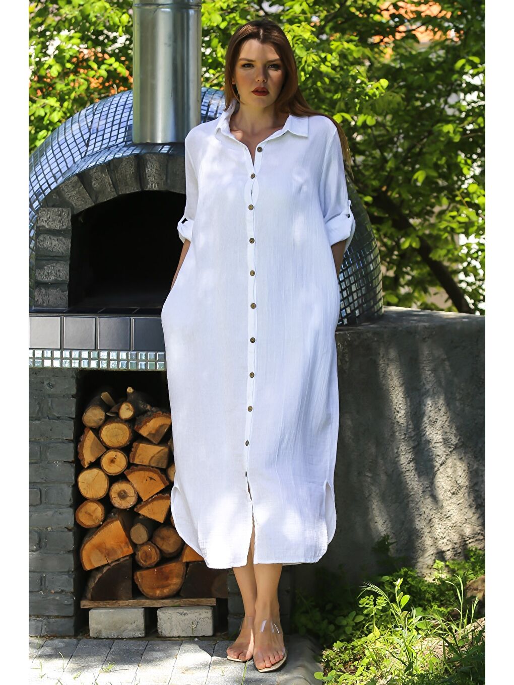 Beyaz Gömlek Yaka Düğmeli Uzun Kollu Gizli Cepli Casual Müslin Uzun Oversize Dokuma Elbise 135 68-3