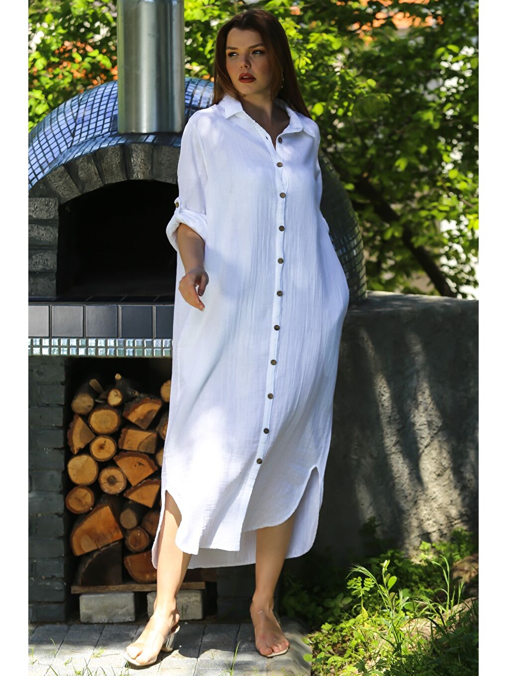 Beyaz Gömlek Yaka Düğmeli Uzun Kollu Gizli Cepli Casual Müslin Uzun Oversize Dokuma Elbise 135 68-4