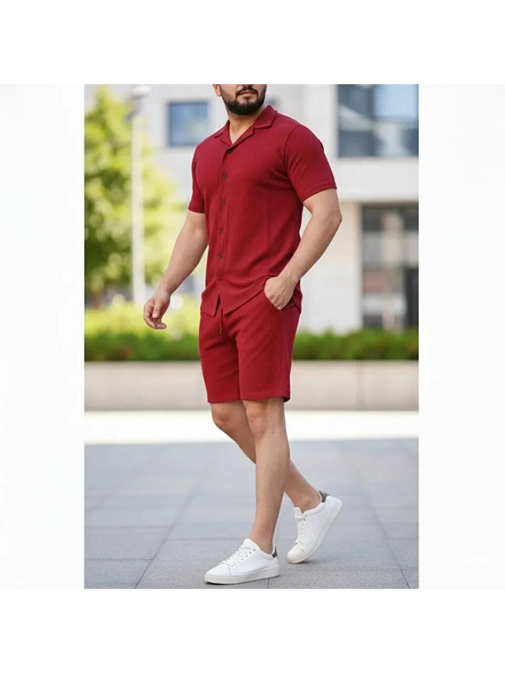 Erkek Waffle Kumaş Kısa Kollu Gömlek Şort Takım Regular Fit Yazlık İkili Set - Bordo-1
