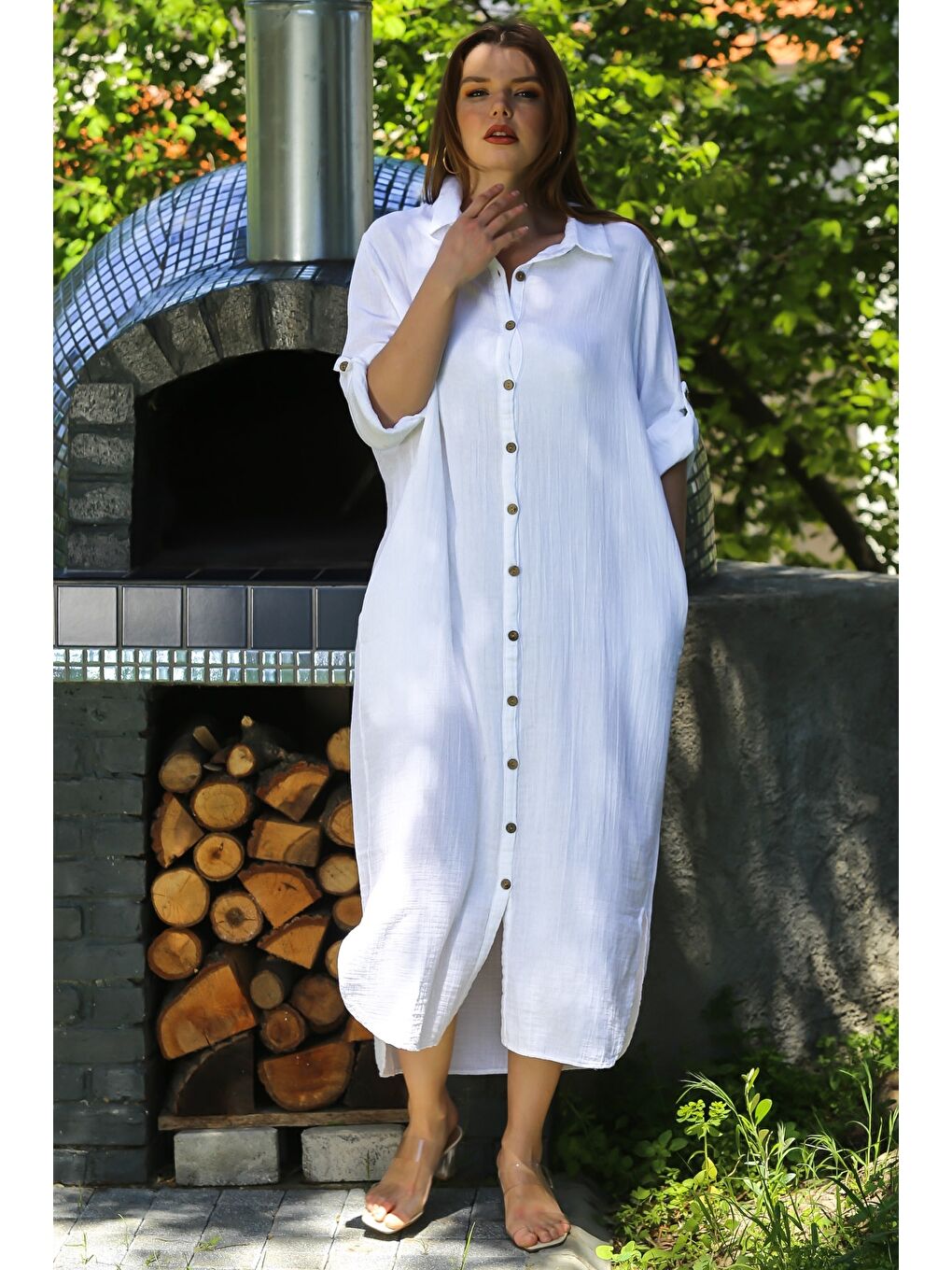 Beyaz Gömlek Yaka Düğmeli Uzun Kollu Gizli Cepli Casual Müslin Uzun Oversize Dokuma Elbise 135 68-5