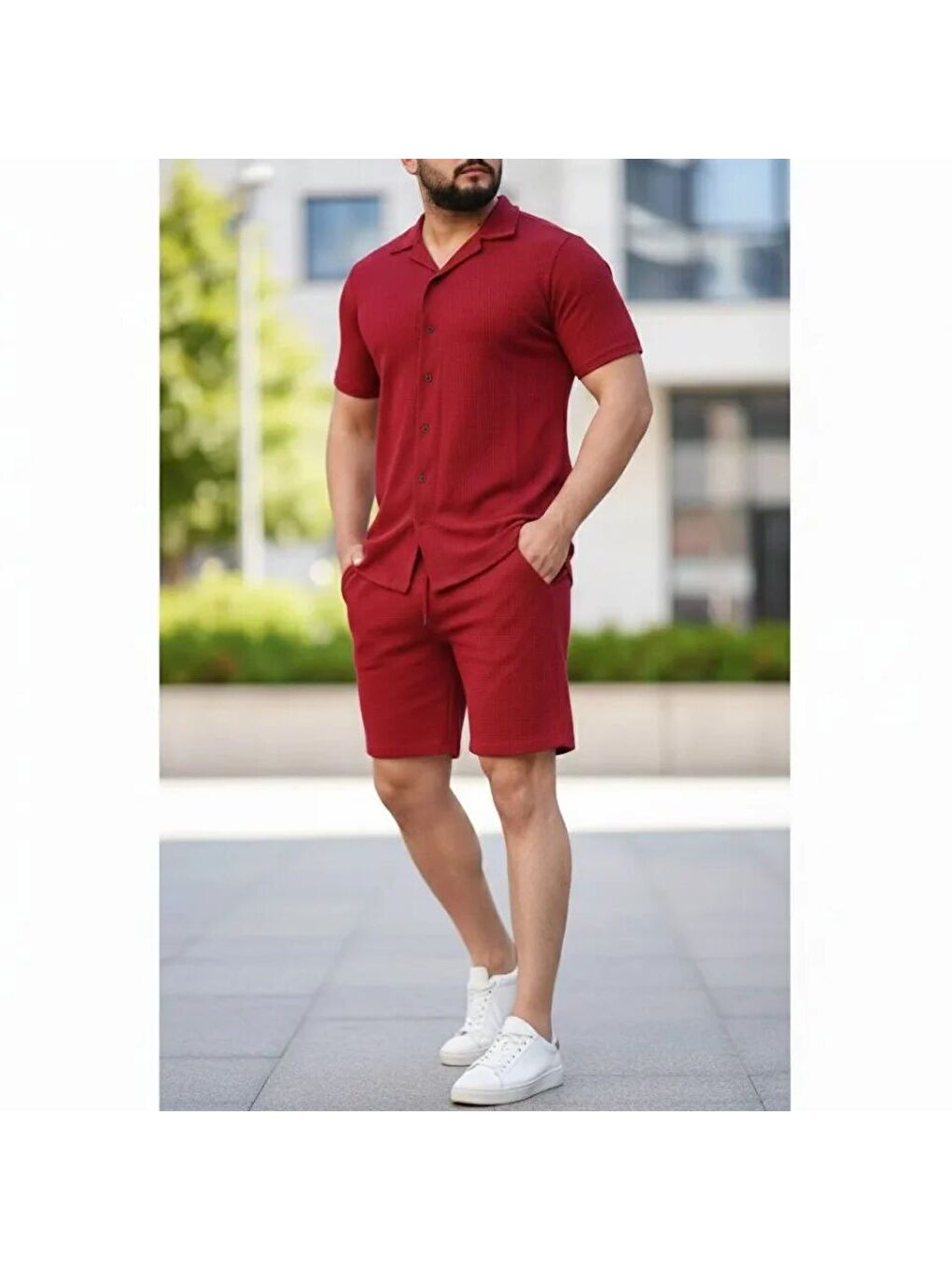 Erkek Waffle Kumaş Kısa Kollu Gömlek Şort Takım Regular Fit Yazlık İkili Set - Bordo-2