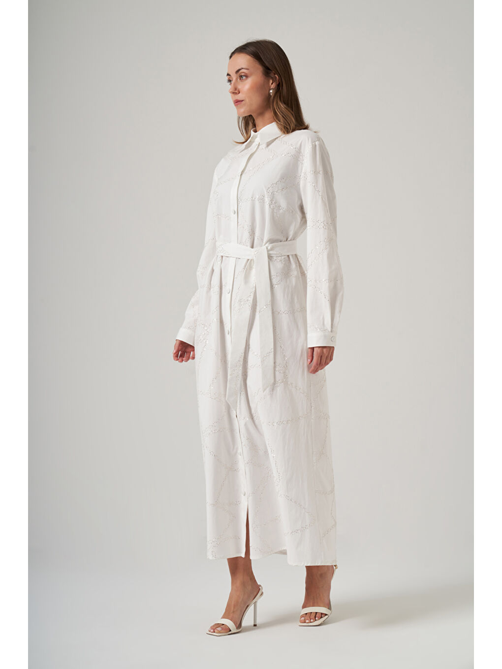 Önü Düğmeli Pul Detay Kuşaklı Elbise 2044 Ekru-3