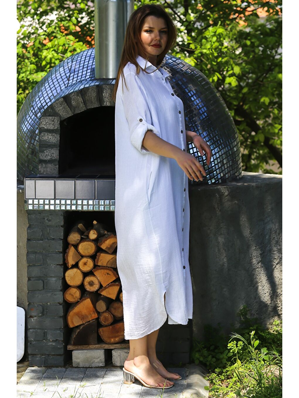 Beyaz Gömlek Yaka Düğmeli Uzun Kollu Gizli Cepli Casual Müslin Uzun Oversize Dokuma Elbise 135 68-6