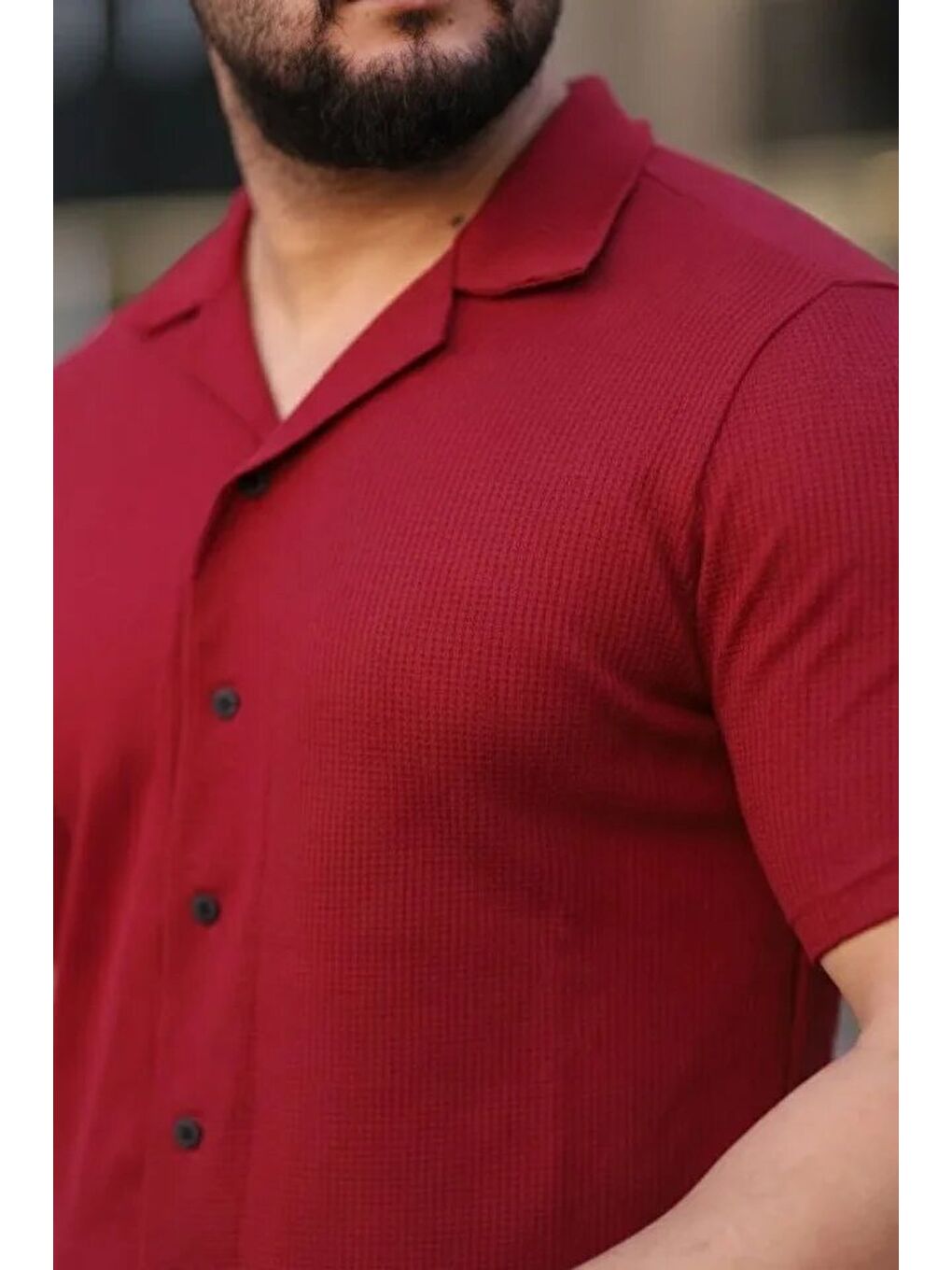 Erkek Waffle Kumaş Kısa Kollu Gömlek Şort Takım Regular Fit Yazlık İkili Set - Bordo-3