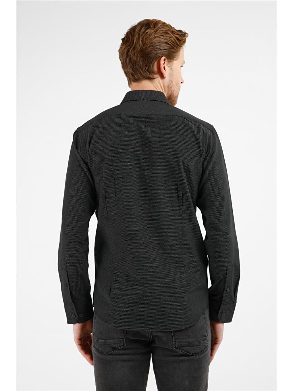 Siyah - Beyaz Kendinden Desenli Sert Yaka Uzun Kol Cepsiz Slim Fit Pamuklu Gömlek 1004255216-4