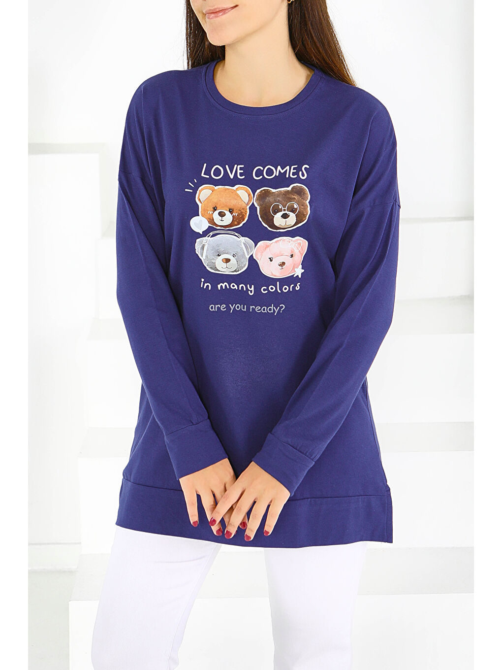 Uzun Kollu Baskılı Süprem Tunik Lacivert - 27590-2