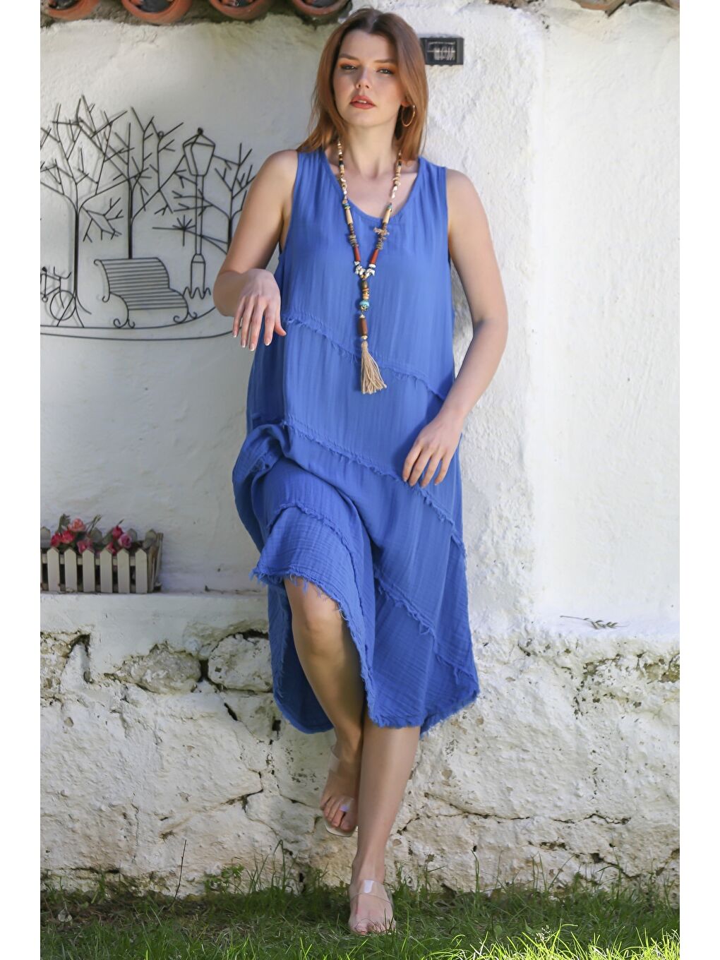 Açık Mavi Havuz Yaka Kolsuz Pis Dikişli Casual Müslin Dokuma Elbise 120 63