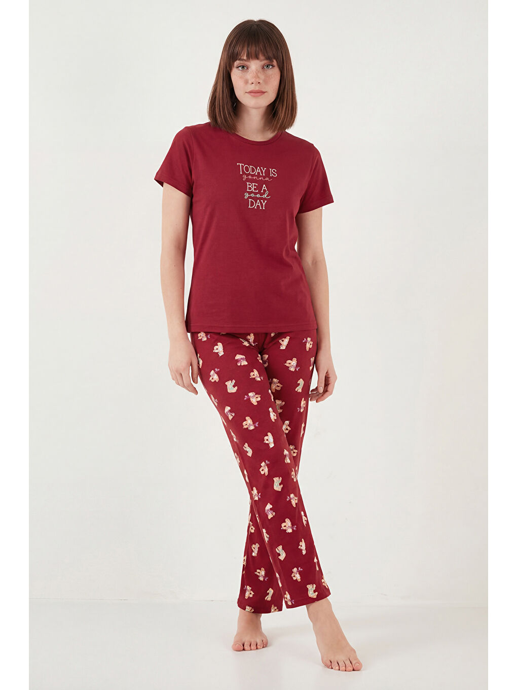 Kırmızı % 100 Pamuk Regular Fit Desenli Bisiklet Yaka Kadın Pijama Takımı 65790784-1