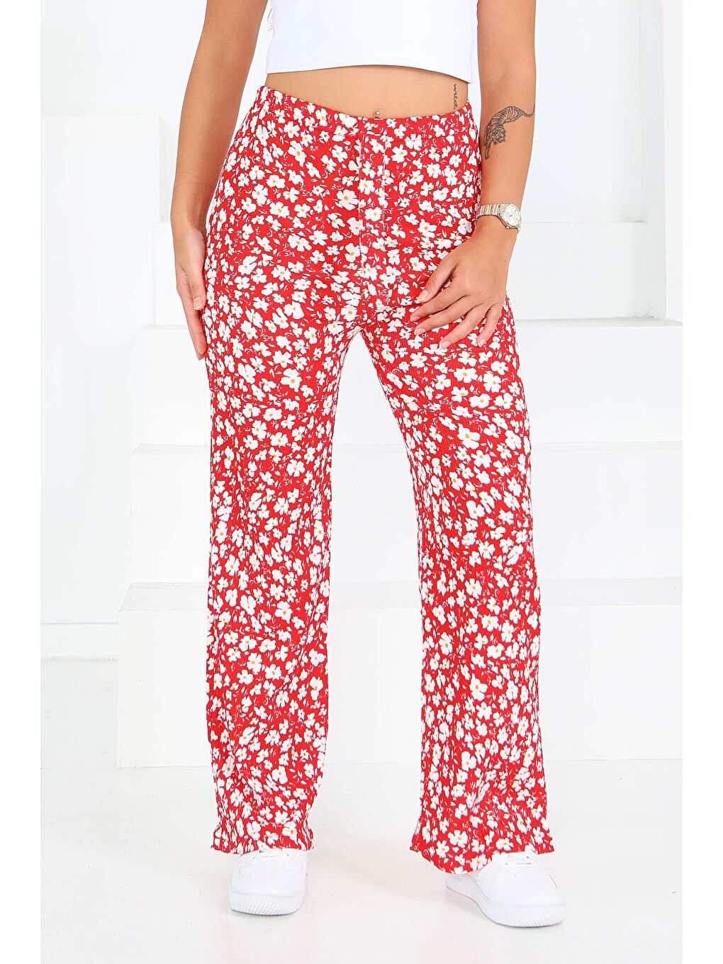Kırmızı Desenli Beli Lastikli Bürümcük Pantolon Kirmizi - 27677