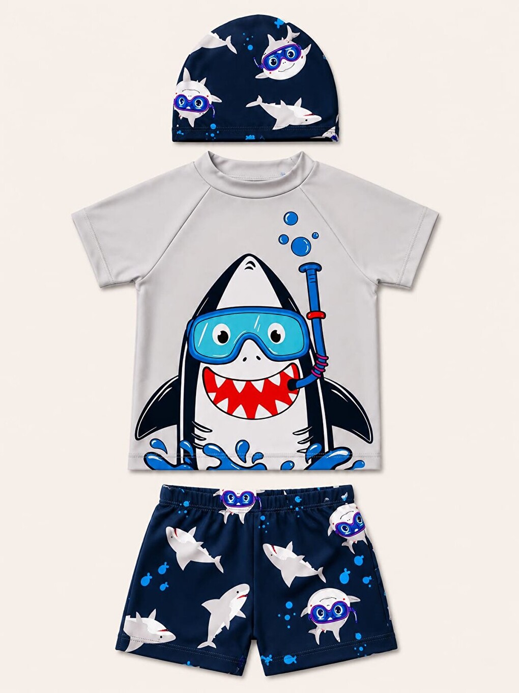 Gri Erkek Çocuk Dinozor Desenli Deniz Şortu Takımı – 3 Parça Mayo Seti 12757-1