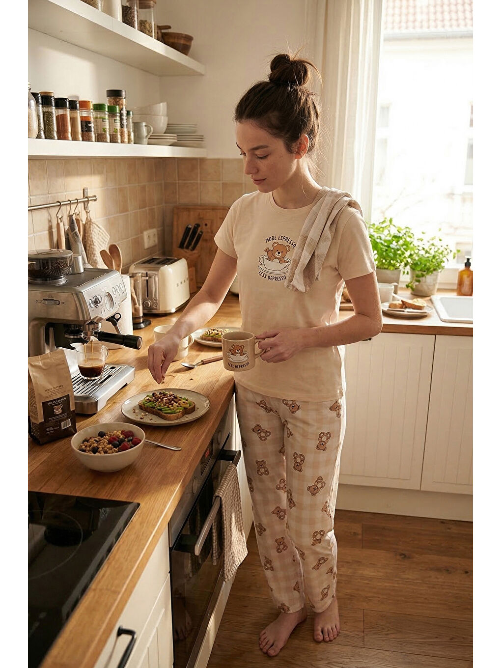 Ekru % 100 Pamuk Regular Fit Desenli Bisiklet Yaka Kadın Pijama Takımı 65790784