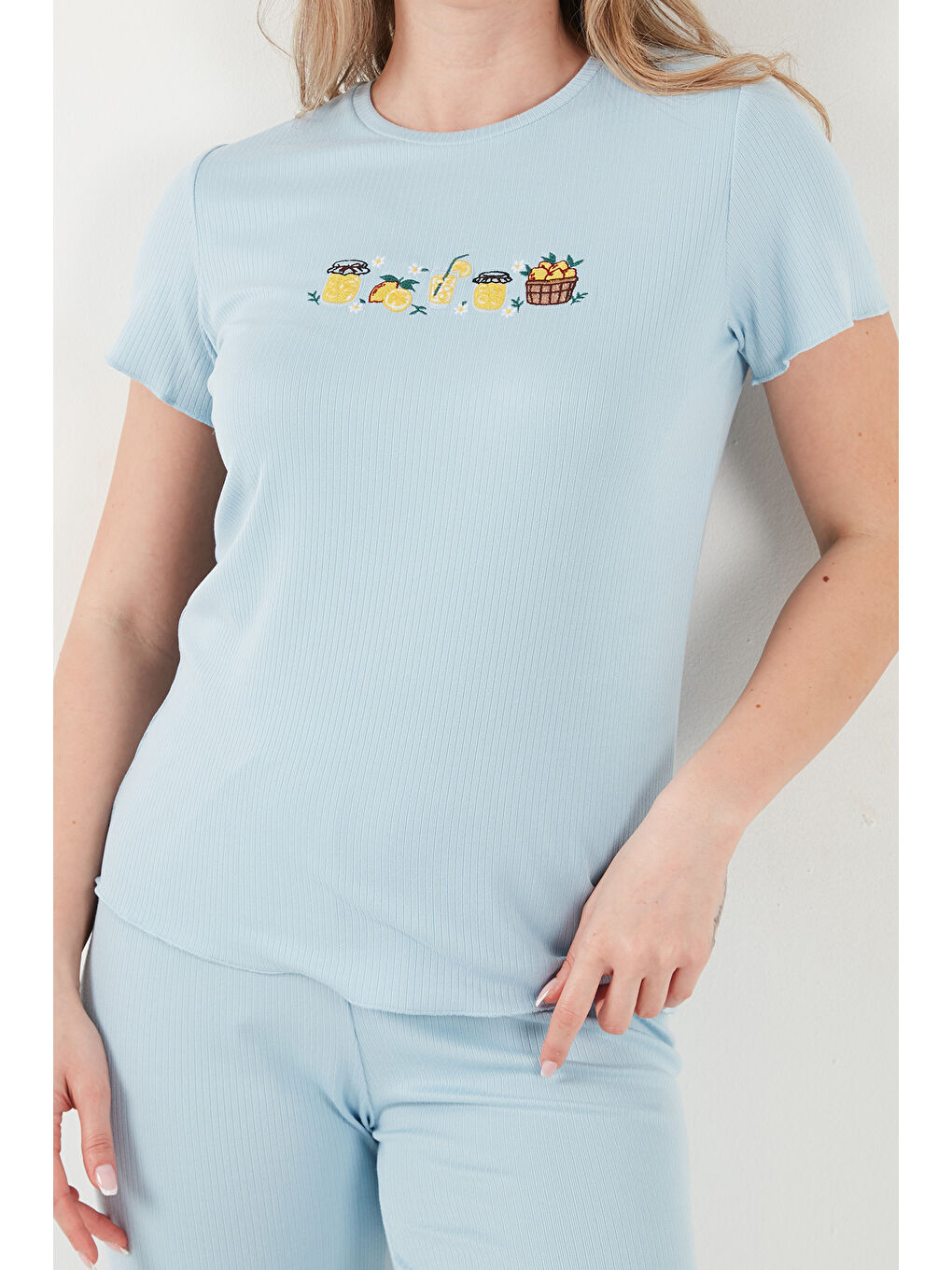 Mavi Regular Fit Desenli Bisiklet Yaka Kısa Kollu Kadın Pijama Takımı 65770823-3