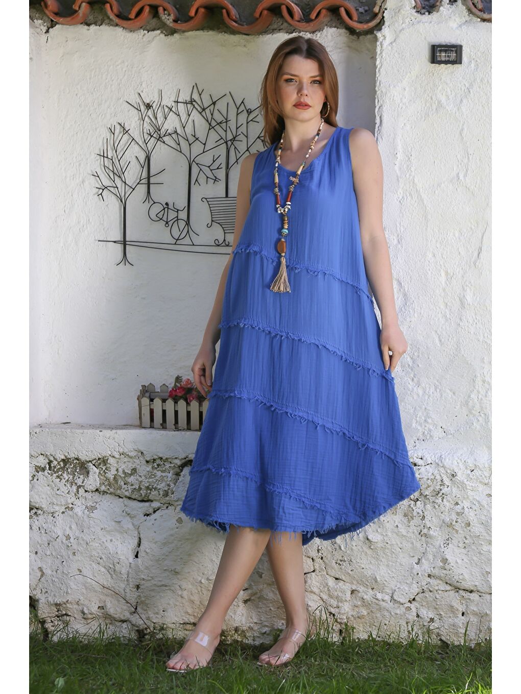 Açık Mavi Havuz Yaka Kolsuz Pis Dikişli Casual Müslin Dokuma Elbise 120 63-1