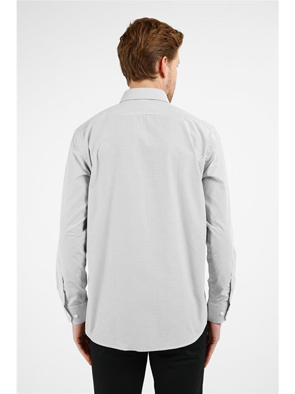 Haki - Beyaz Çizgili Desen Sert Yaka Uzun Kol Cepli Comfort Fit Pamuklu Gömlek 1004255210-1