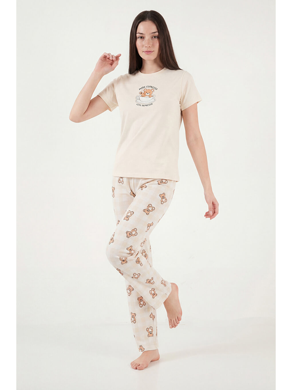 Ekru % 100 Pamuk Regular Fit Desenli Bisiklet Yaka Kadın Pijama Takımı 65790784-2