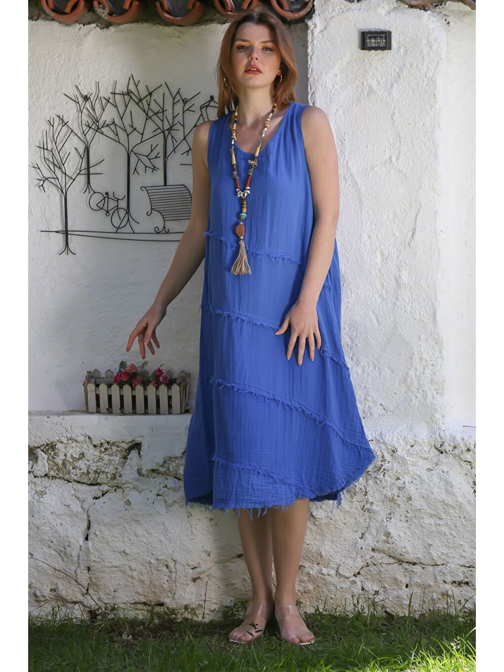 Açık Mavi Havuz Yaka Kolsuz Pis Dikişli Casual Müslin Dokuma Elbise 120 63-3