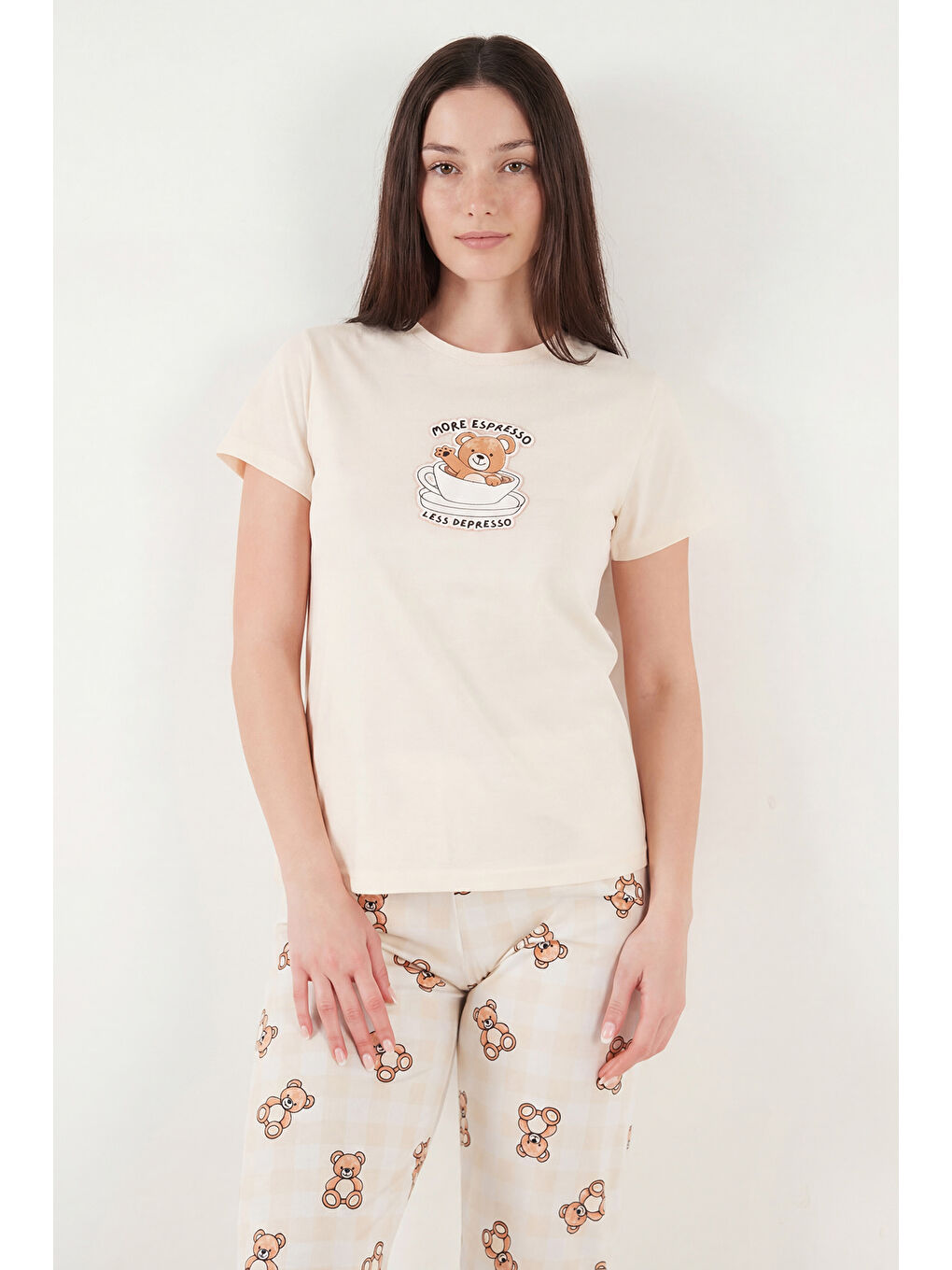 Ekru % 100 Pamuk Regular Fit Desenli Bisiklet Yaka Kadın Pijama Takımı 65790784-3