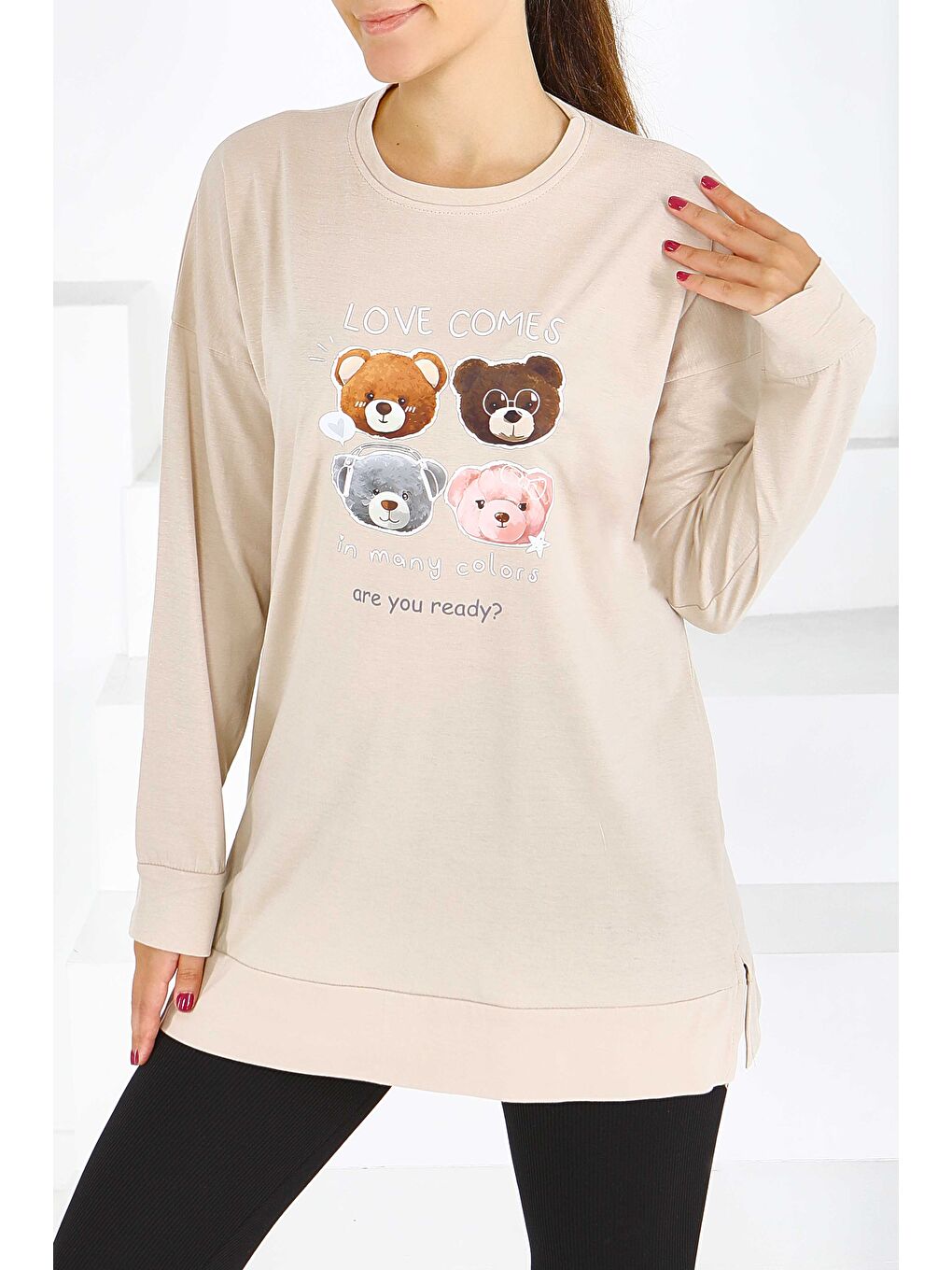 Uzun Kollu Baskılı Süprem Tunik Bej - 27590