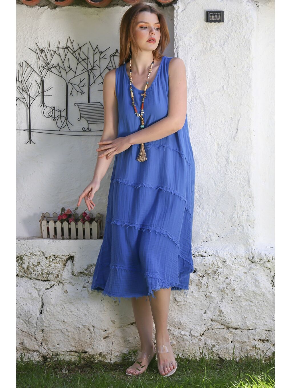 Açık Mavi Havuz Yaka Kolsuz Pis Dikişli Casual Müslin Dokuma Elbise 120 63-4