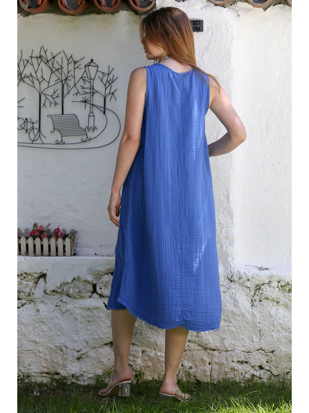 Açık Mavi Havuz Yaka Kolsuz Pis Dikişli Casual Müslin Dokuma Elbise 120 63-5