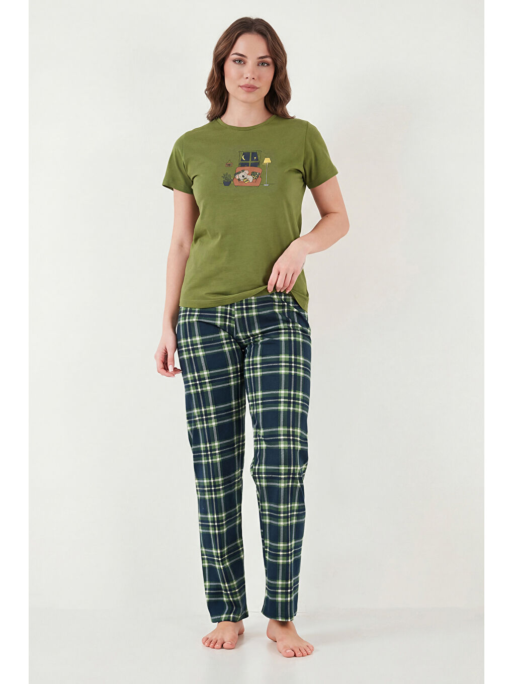 Yeşil % 100 Pamuk Regular Fit Desenli Bisiklet Yaka Kadın Pijama Takımı 65790784-1