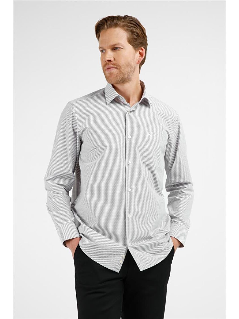 Haki - Beyaz Çizgili Desen Sert Yaka Uzun Kol Cepli Comfort Fit Pamuklu Gömlek 1004255210-4