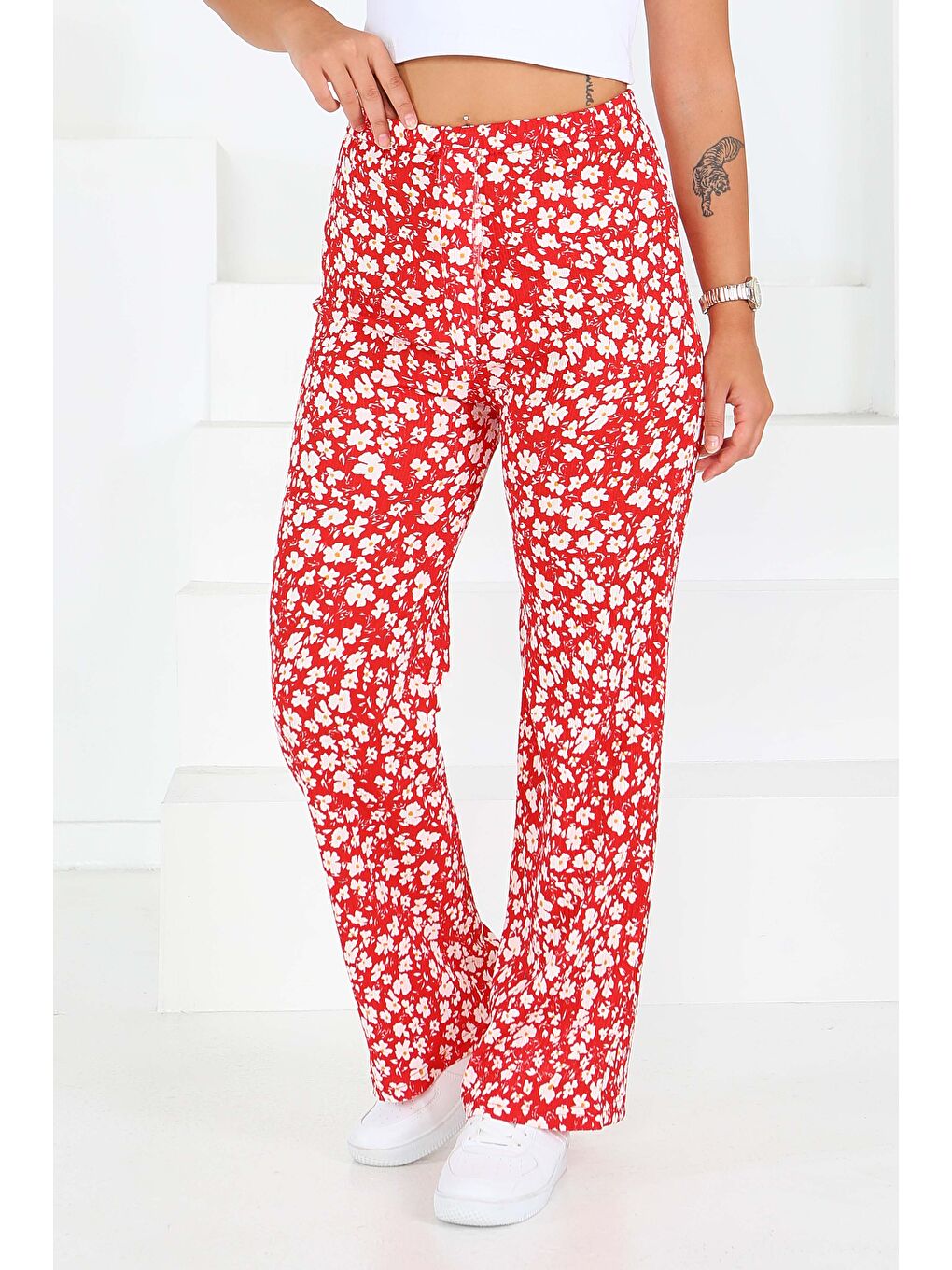 Kırmızı Desenli Beli Lastikli Bürümcük Pantolon Kirmizi - 27677-1