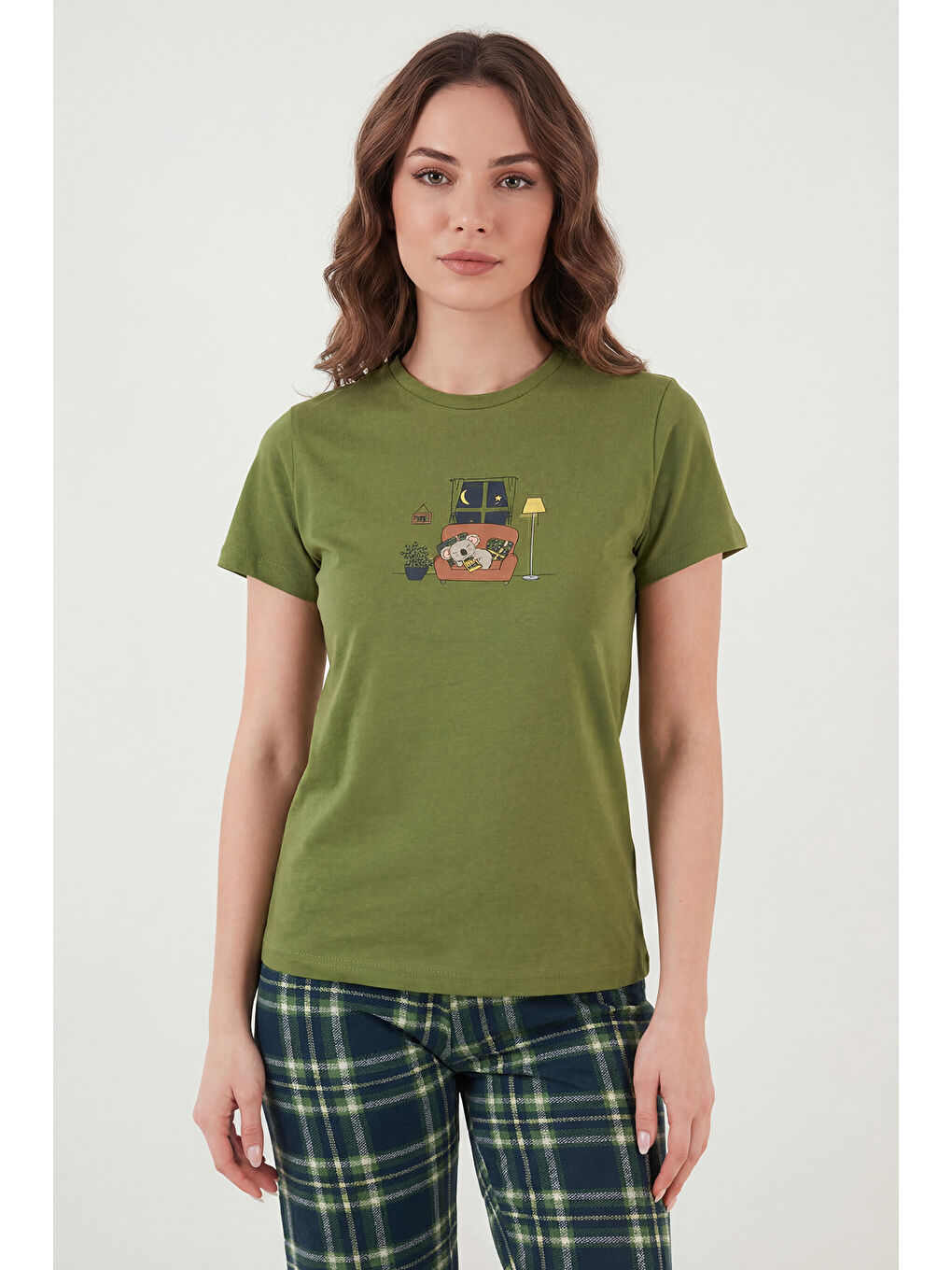 Yeşil % 100 Pamuk Regular Fit Desenli Bisiklet Yaka Kadın Pijama Takımı 65790784-2