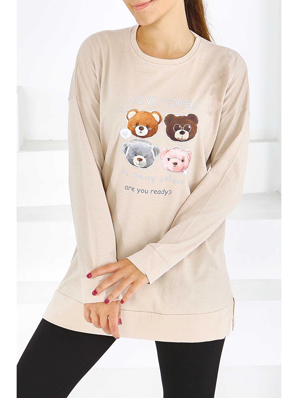 Uzun Kollu Baskılı Süprem Tunik Bej - 27590-1