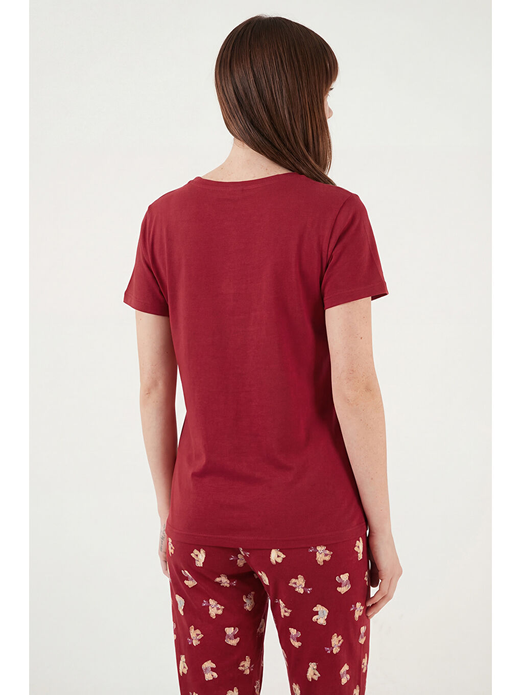 Kırmızı % 100 Pamuk Regular Fit Desenli Bisiklet Yaka Kadın Pijama Takımı 65790784-6