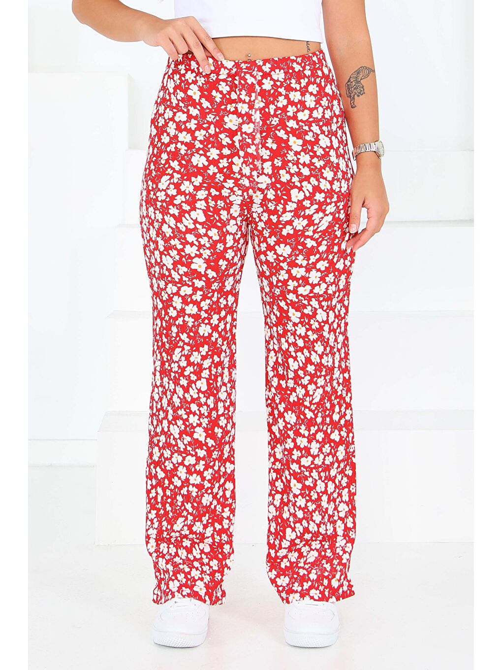 Kırmızı Desenli Beli Lastikli Bürümcük Pantolon Kirmizi - 27677-2