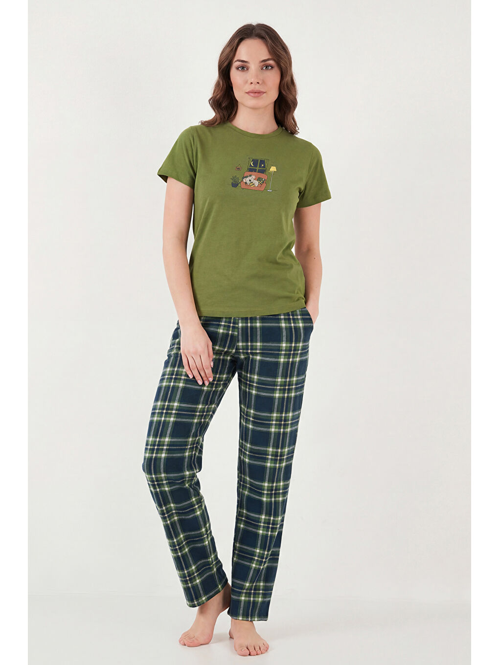 Yeşil % 100 Pamuk Regular Fit Desenli Bisiklet Yaka Kadın Pijama Takımı 65790784-4