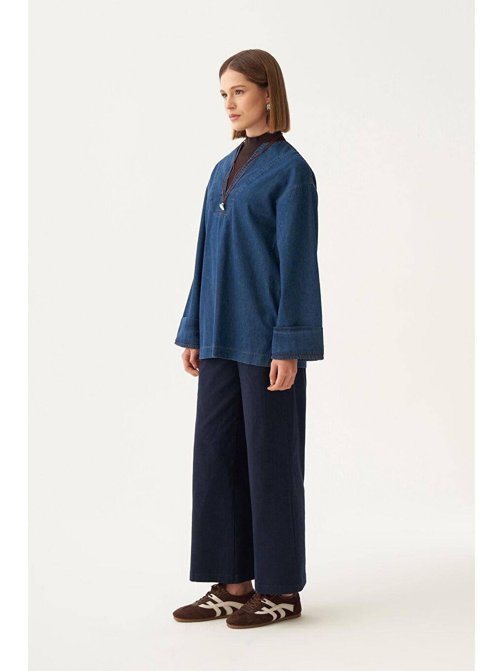 Mavi-V Yaka Denim Gömlek Tunik-1