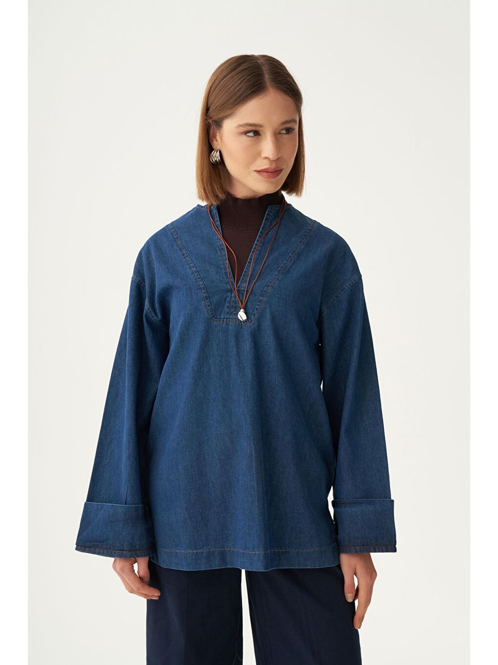 Mavi-V Yaka Denim Gömlek Tunik-3