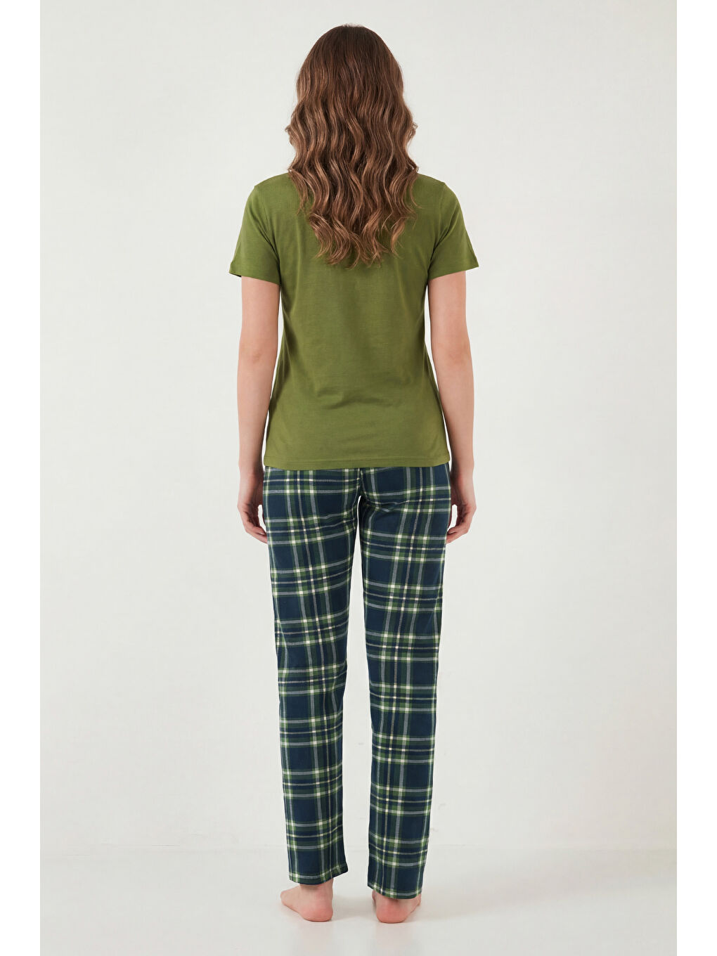 Yeşil % 100 Pamuk Regular Fit Desenli Bisiklet Yaka Kadın Pijama Takımı 65790784-6