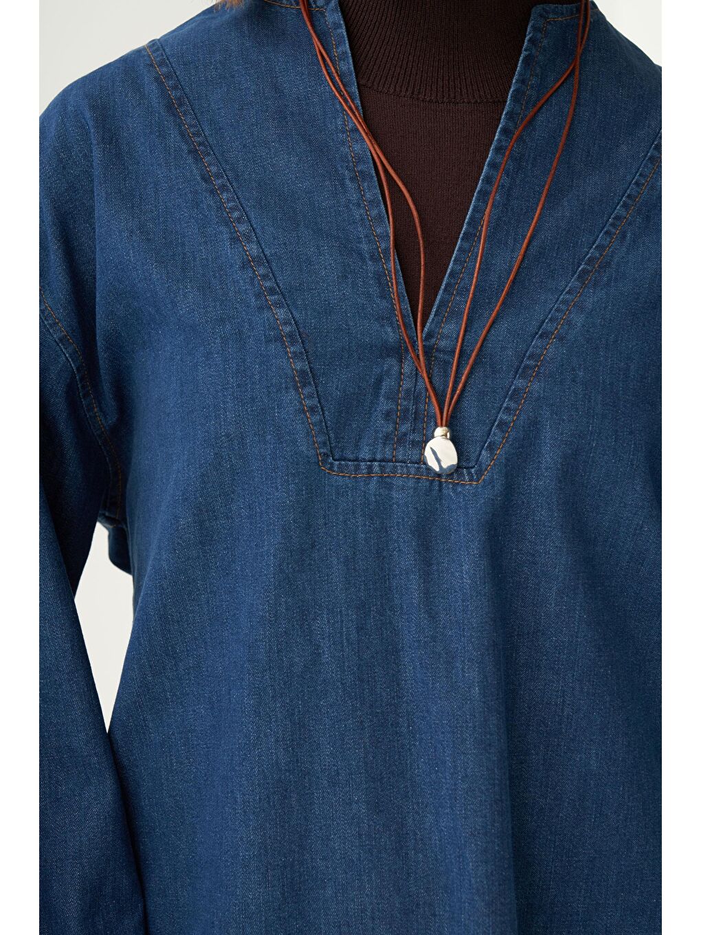 Mavi-V Yaka Denim Gömlek Tunik-4