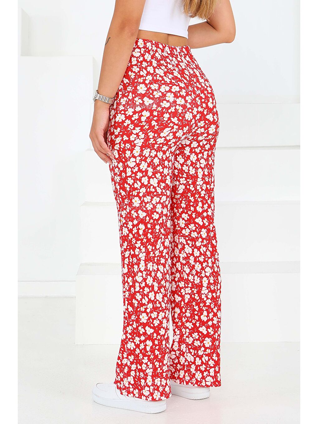 Kırmızı Desenli Beli Lastikli Bürümcük Pantolon Kirmizi - 27677-3