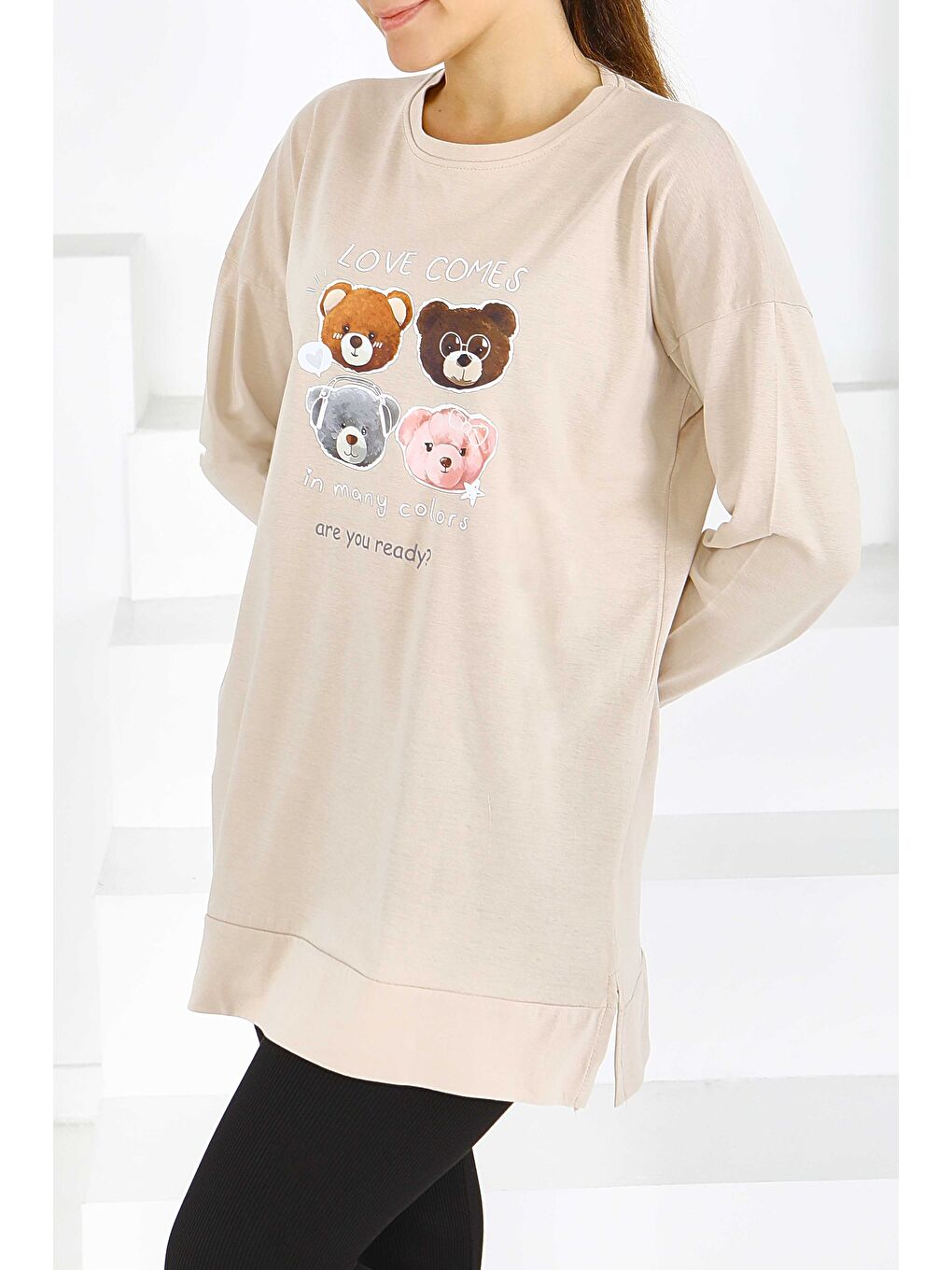 Uzun Kollu Baskılı Süprem Tunik Bej - 27590-2