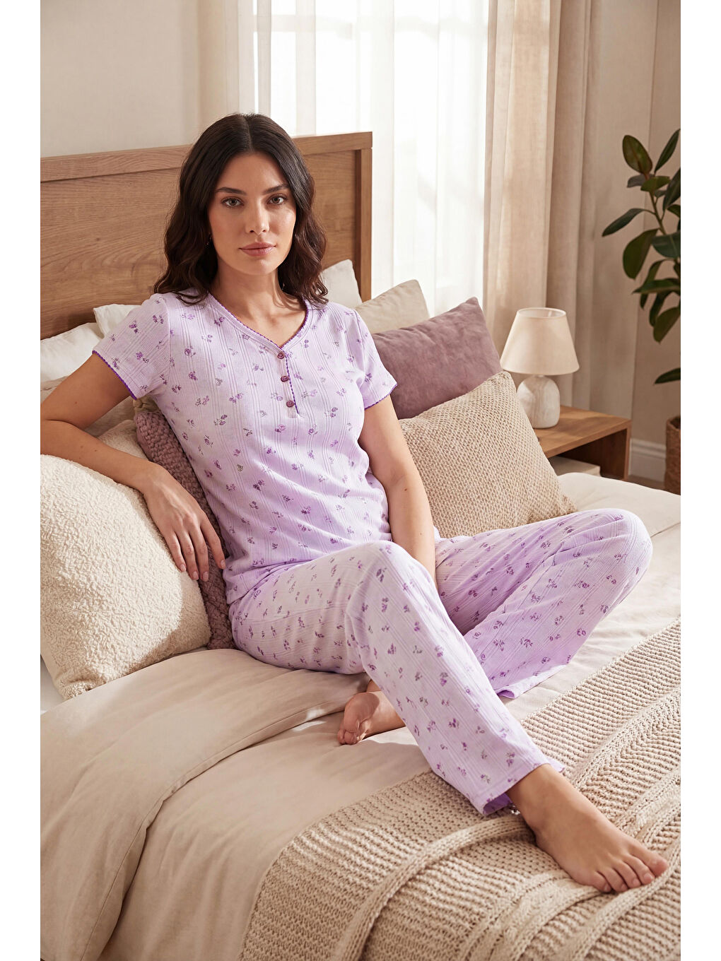 Lila % 100 Pamuk Regular Fit Yumuşak Dokulu Düğmeli V Yaka Pijama Takımı 65770755