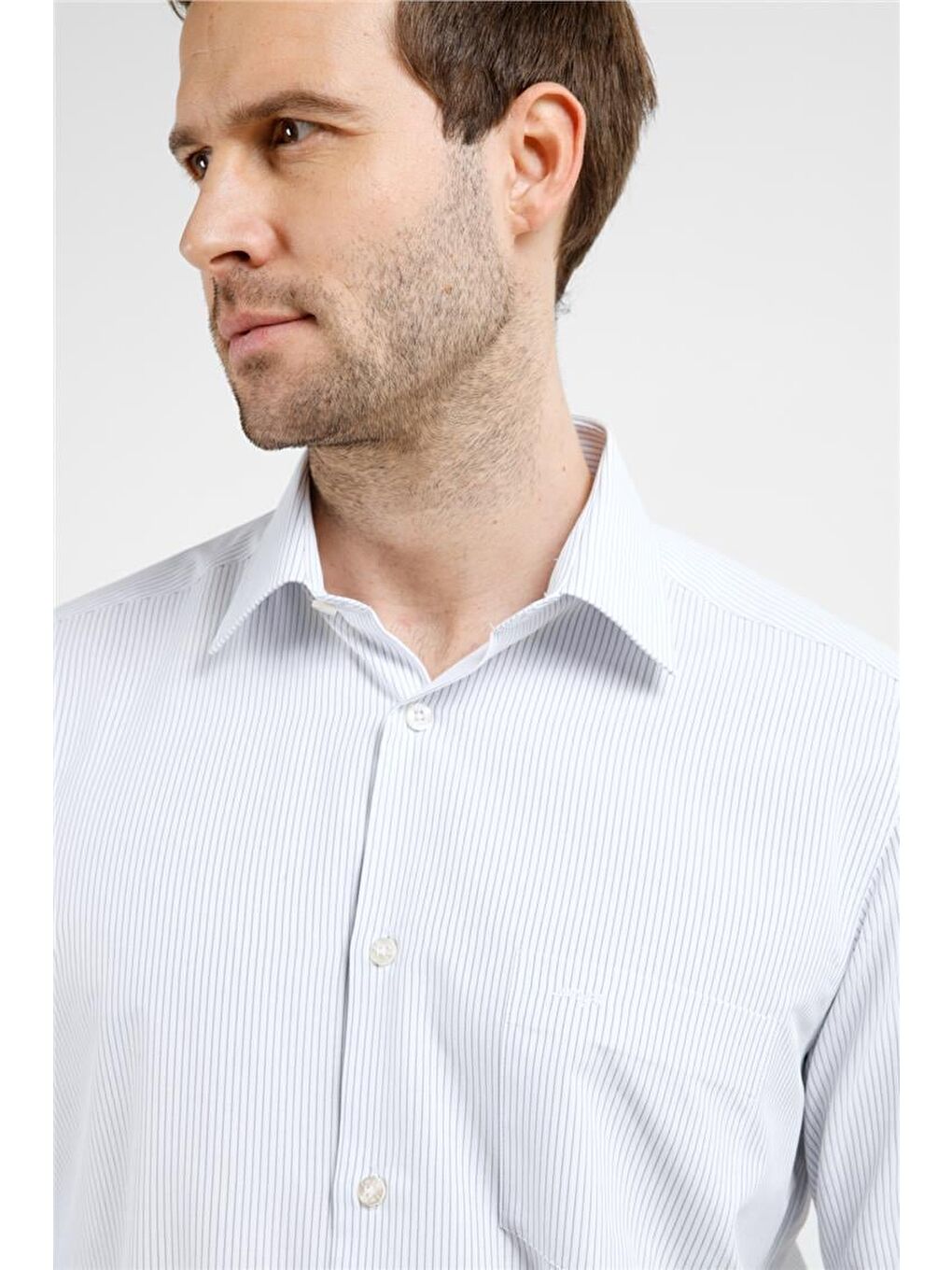 Beyaz-Mavi Çizgili Desen Sert Yaka Uzun Kol Cepli Comfort Fit Pamuklu Gömlek 1004255278-3