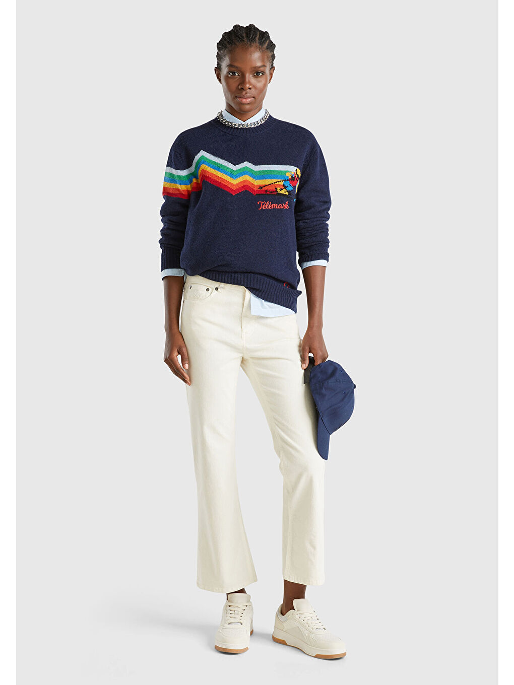 Kadın Beyaz Pamuk Karışımlı 5 Cepli Arkası Logo Etiketli Kadife Pantolon