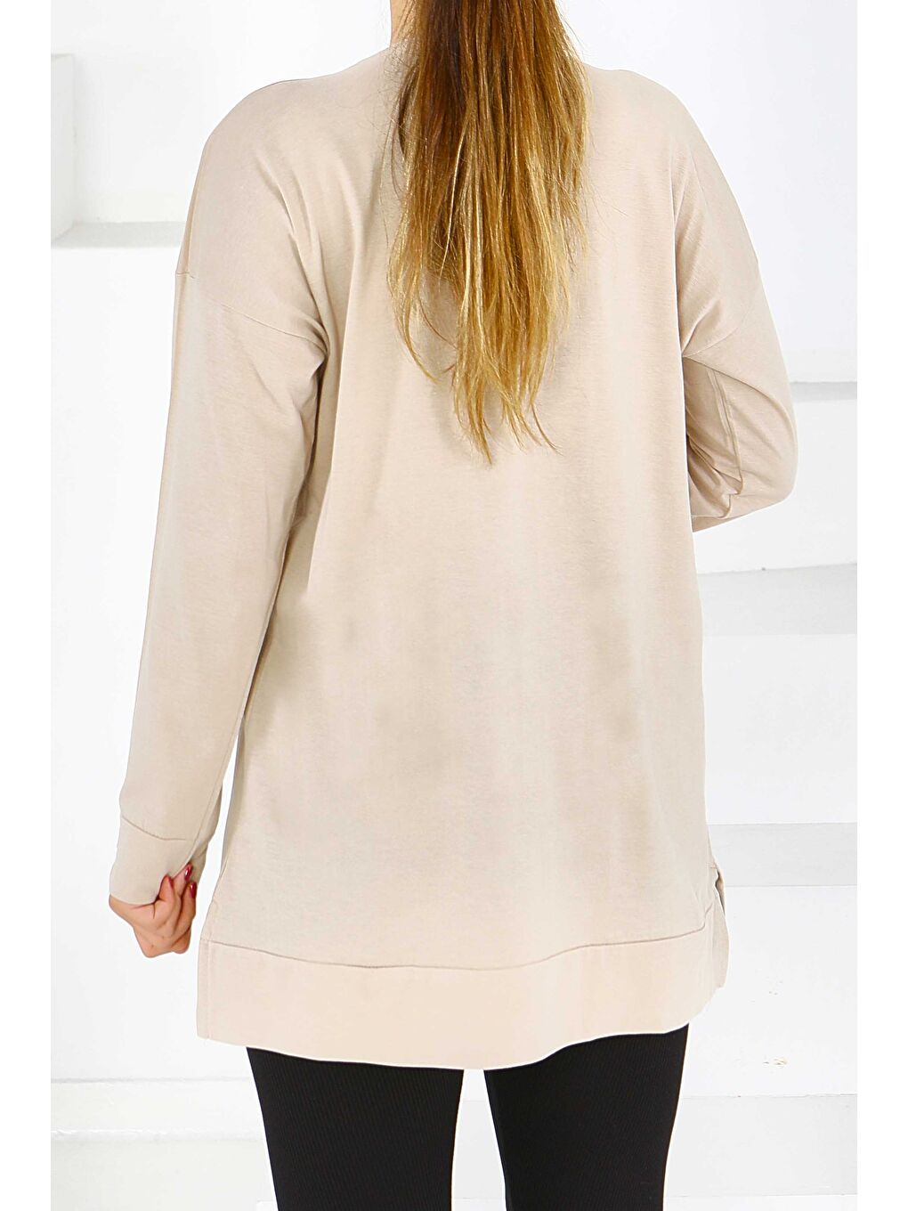 Uzun Kollu Baskılı Süprem Tunik Bej - 27590-3