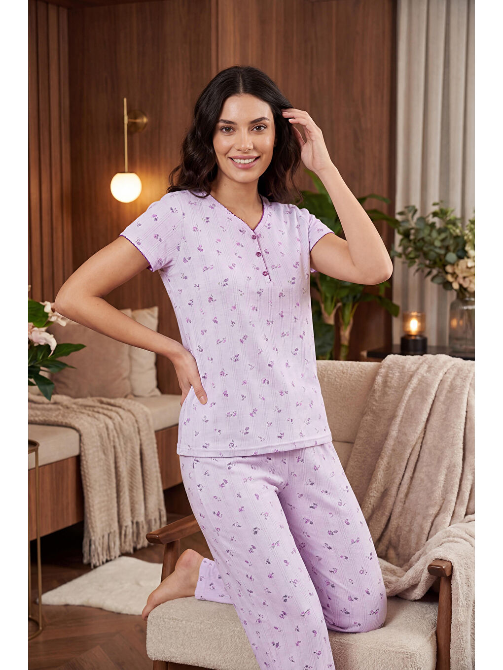 Lila % 100 Pamuk Regular Fit Yumuşak Dokulu Düğmeli V Yaka Pijama Takımı 65770755-1