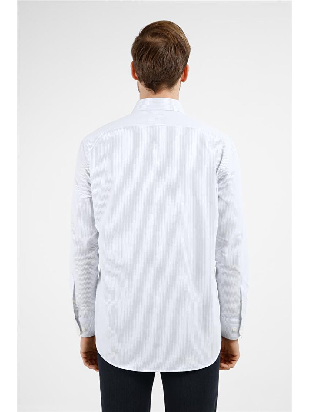 Beyaz-Mavi Çizgili Desen Sert Yaka Uzun Kol Cepli Comfort Fit Pamuklu Gömlek 1004255278-4