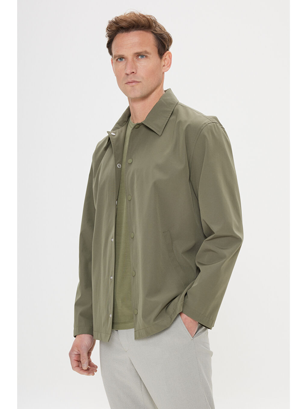 Erkek Haki Standart Fit Normal Kesim Gömlek Yaka Cepli Rahat Mont-2